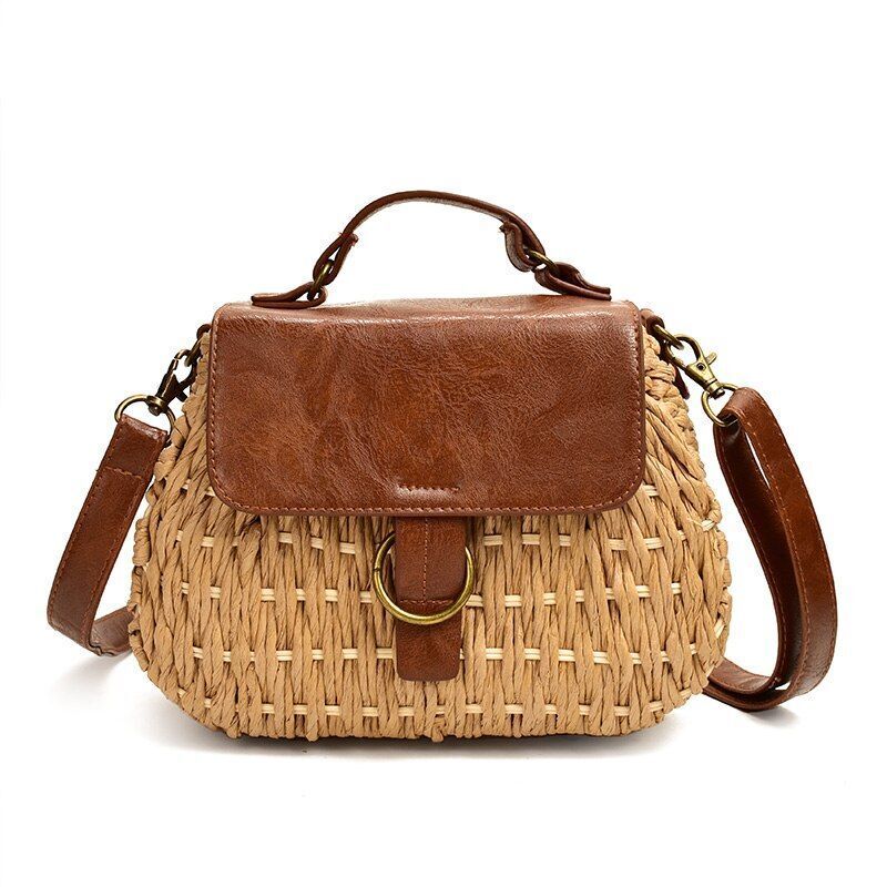 Vintage Straw Bag Crossbody Beach Purse Casual Weaving Rattan Handbag Polyester
