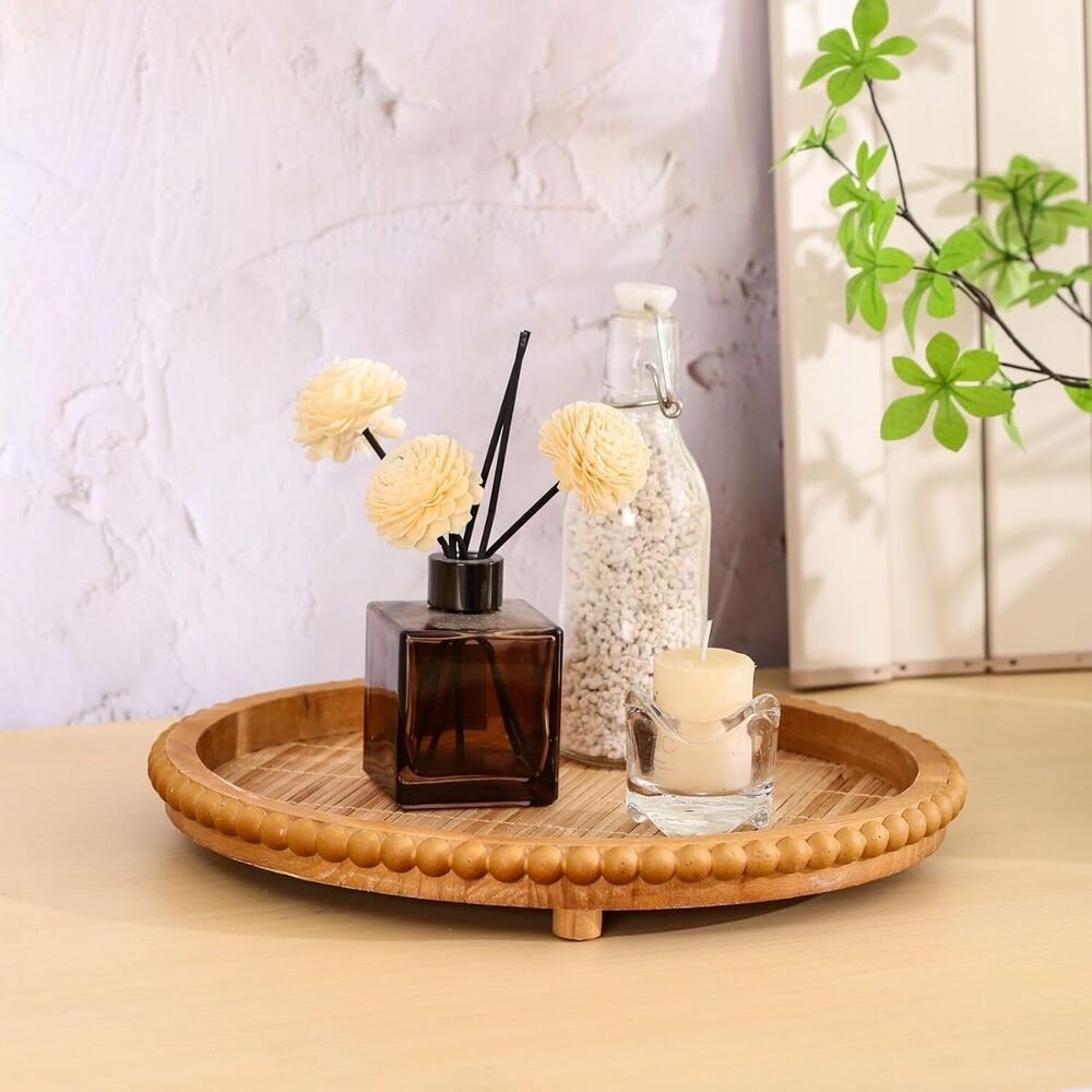 Round Wooden Tray Bamboo Coffee Table Beaded Decorative Home Kitchen Countertop