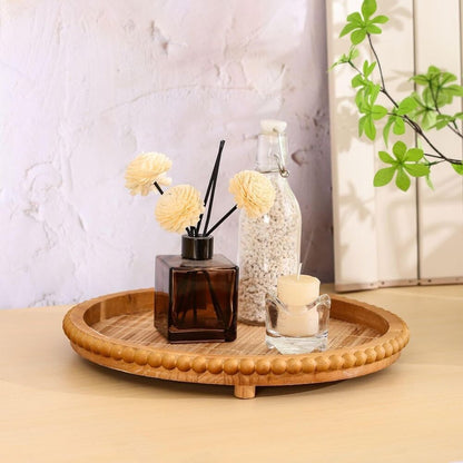Round Wooden Tray Bamboo Coffee Table Beaded Decorative Home Kitchen Countertop