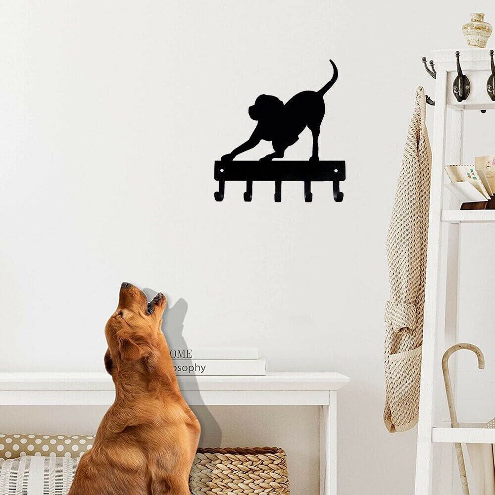 Wall Mounted Hook Up Hanger Playful Pup Key Rack Dog Leash Hanger Metal Art