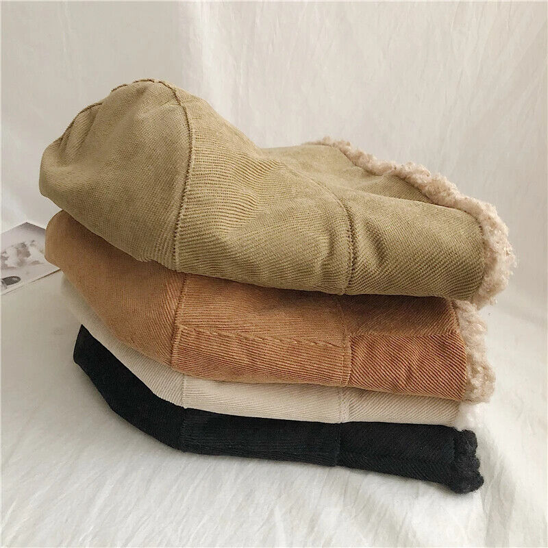 Women Winter Bucket Hat Warming Panama Cap Lady Fluffy Corduroy Double-Side Wear