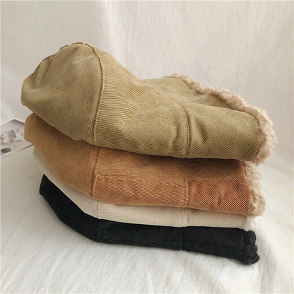 Women Winter Bucket Hat Warming Panama Cap Lady Fluffy Corduroy Double-Side Wear
