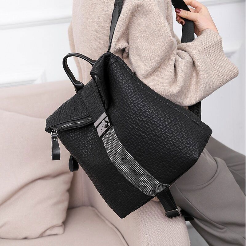 Women Leather Black Backpack School Backpacks Girls Travel Bagpack