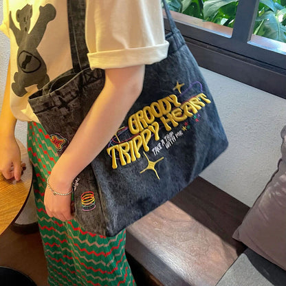 Retro Denim Jeans Tote Cool Girl Shoulder Bags Student Shopping Handbag