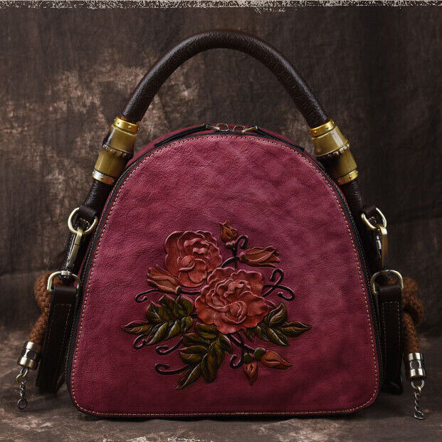 Women's Retro Genuine Leather Handbags Embossed Flower Crossbody Shoulder Bag