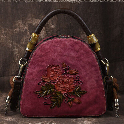 Women's Retro Genuine Leather Handbags Embossed Flower Crossbody Shoulder Bag