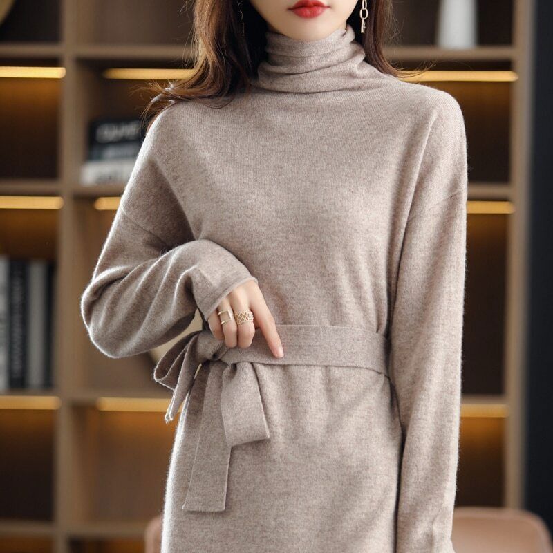 100% Wool Ladies Dress Long-sleeved Long High-neck Cashmere Dress Sweater