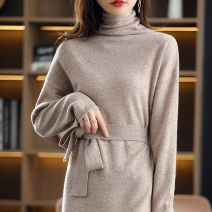 100% Wool Ladies Dress Long-sleeved Long High-neck Cashmere Dress Sweater