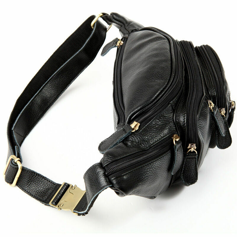 Cross-body Bag Cowhide Leather Black Fanny Pack Durable Men waist Bag Running