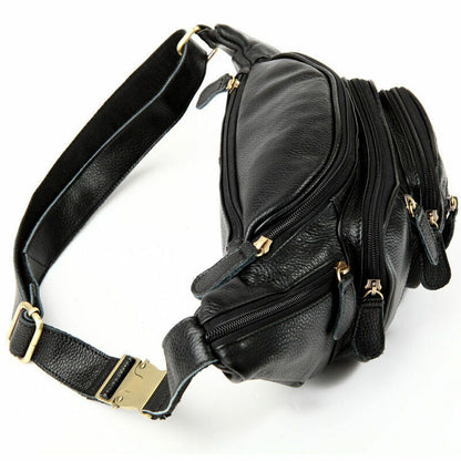 Cross-body Bag Cowhide Leather Black Fanny Pack Durable Men waist Bag Running
