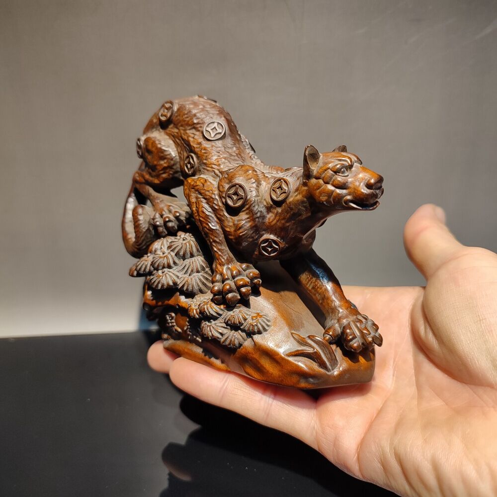 chinese boxwood Home Art Craft carved wooden Leopard statue panther cheetah Wood