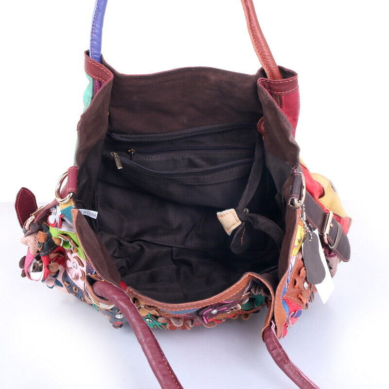 New Genuine Leather Colorful Floral Patchwork Handbag Women's Tote Shoulder Bags
