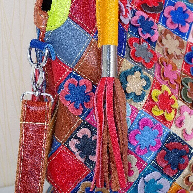 Genuine Leather Cowhide Bag Handmade FlowersShoulder Bag Female Handbag