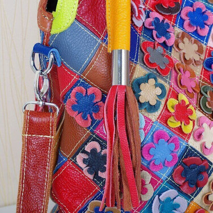 Genuine Leather Cowhide Bag Handmade FlowersShoulder Bag Female Handbag