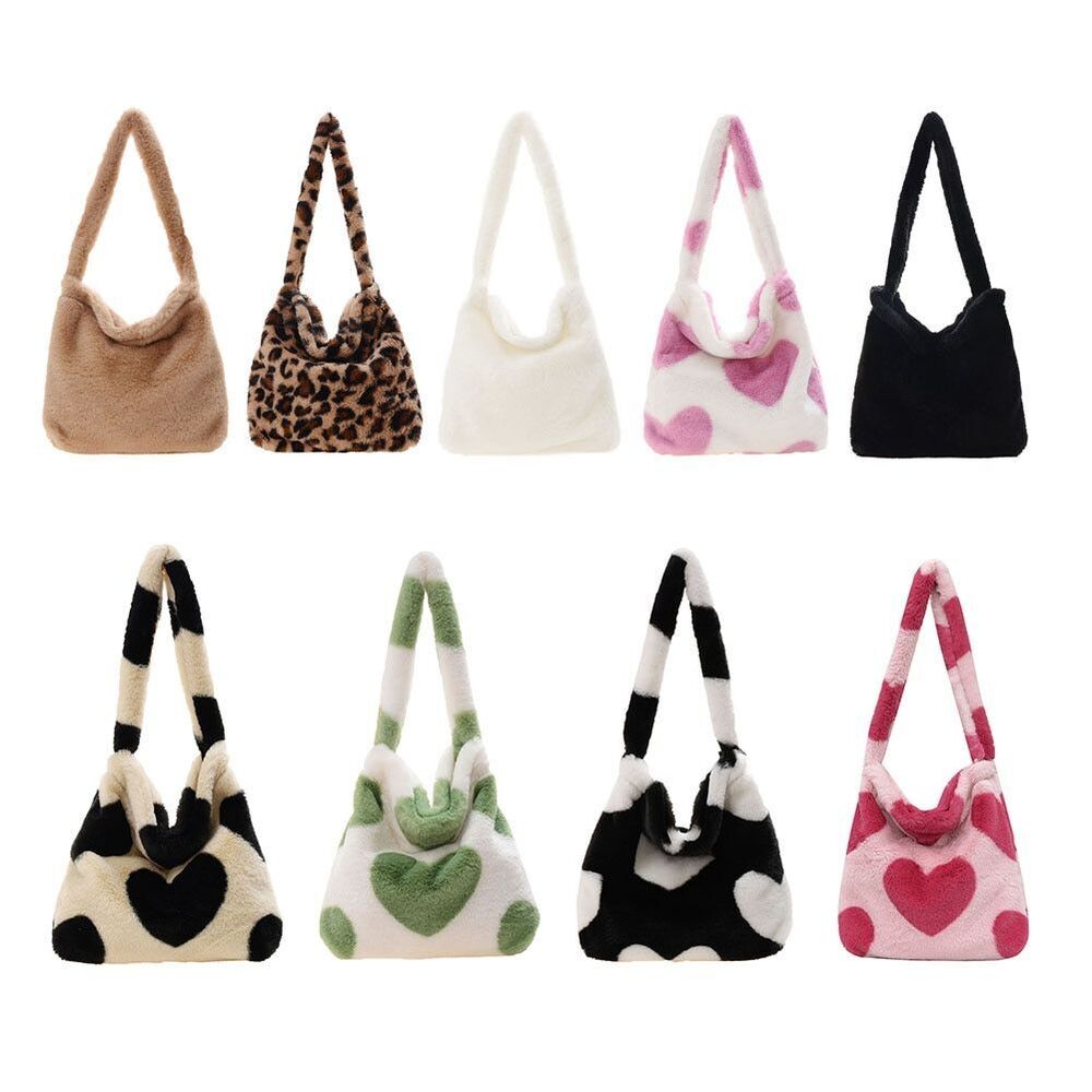 Heart Leopard Print Bag Soft Plush Shoulder Bag Large Travelling Purse 30*25*6CM