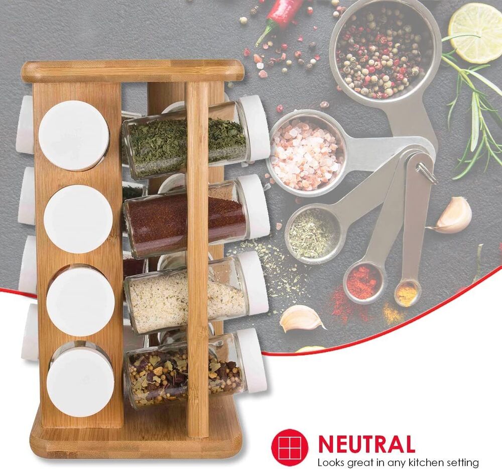 Wooden Revolving Spice Rack Bamboo Organizer Storage Kitchen Decoration 16 Slots