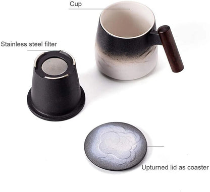 Tea Mugs Ceramic Tea Coffee Cup Beer Mug Infuser Lid Wooden Handle Tableware