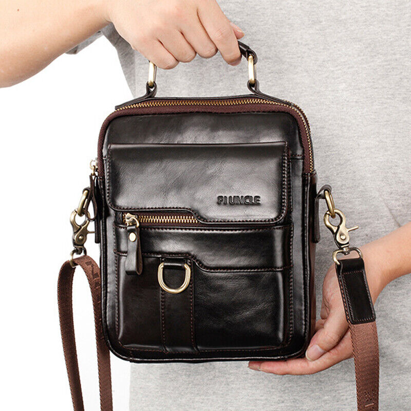100% Cow Leather Men's Sling Shoulder Bag Double Zipper Multifunction Handbags