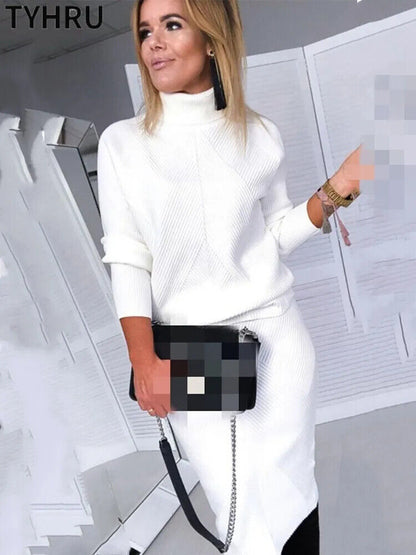 Autumn Women's Turtleneck Pullover Sweater + Slim Skirt Two-Piece Set