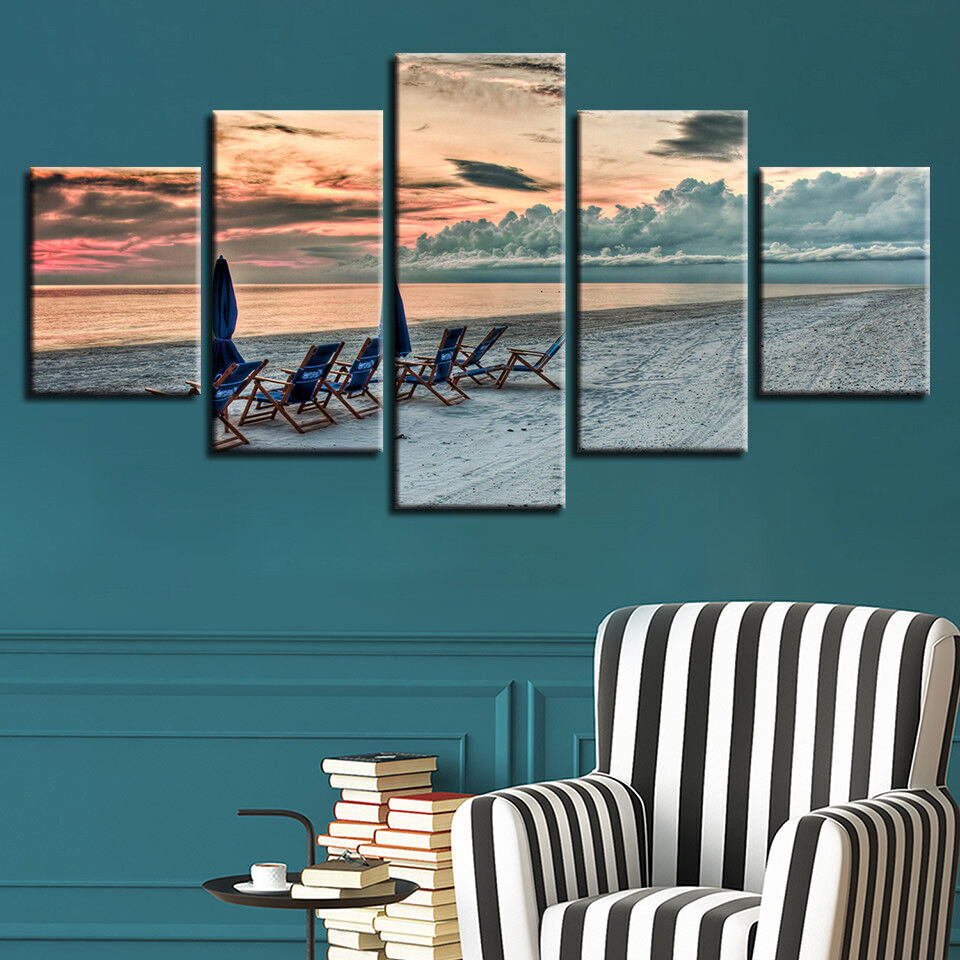 Seashore Beach Chairs Sunset Painting 5 Panel Canvas Print Wall Art Home Decor