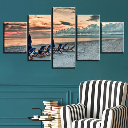Seashore Beach Chairs Sunset Painting 5 Panel Canvas Print Wall Art Home Decor