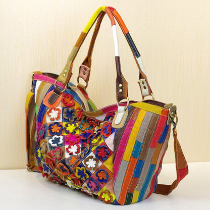 Designer Cow Leather Colorful Floral Patchwork Handbag Women's Tote Shoulder Bag