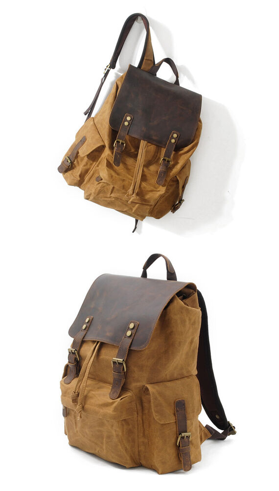 Water Resisant Vintage Waxed Canvas Backpack Hiking Travel Bag 15" Laptop Bag