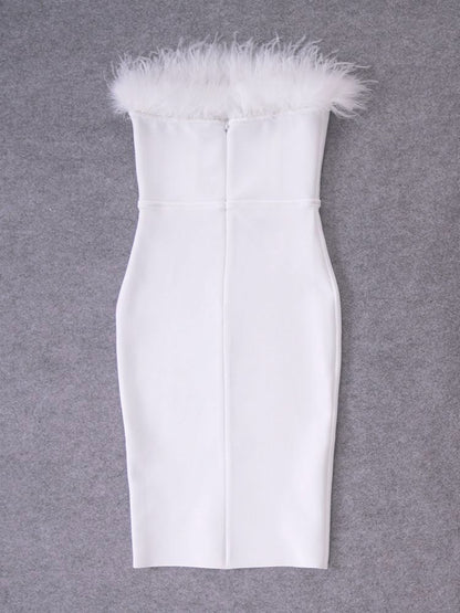 White Sexy Feathers Bandage Dresses For Women Pink Bodycon Dress Club