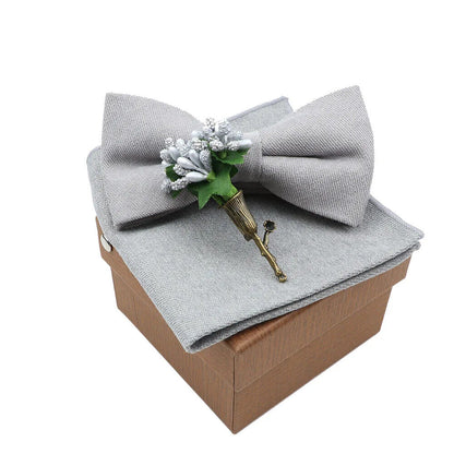 Men Bow Ties 3Pcs Cotton Handkerchief Flower Brooch Women Party Wedding Necktie