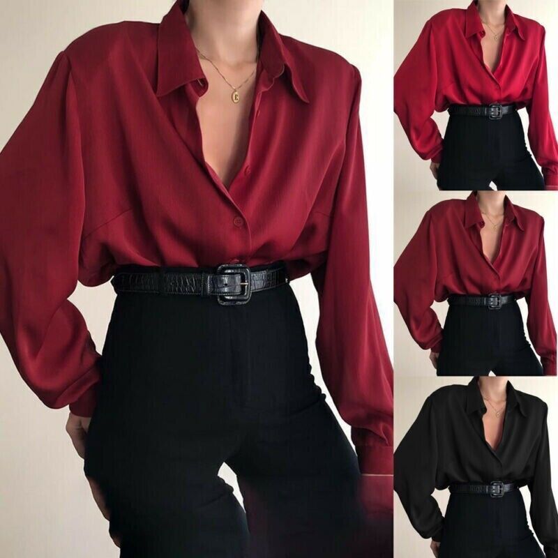 Women Button Blouses Shirts Office Lady Casual Blouse Loose OL Shirt Baggy Tops