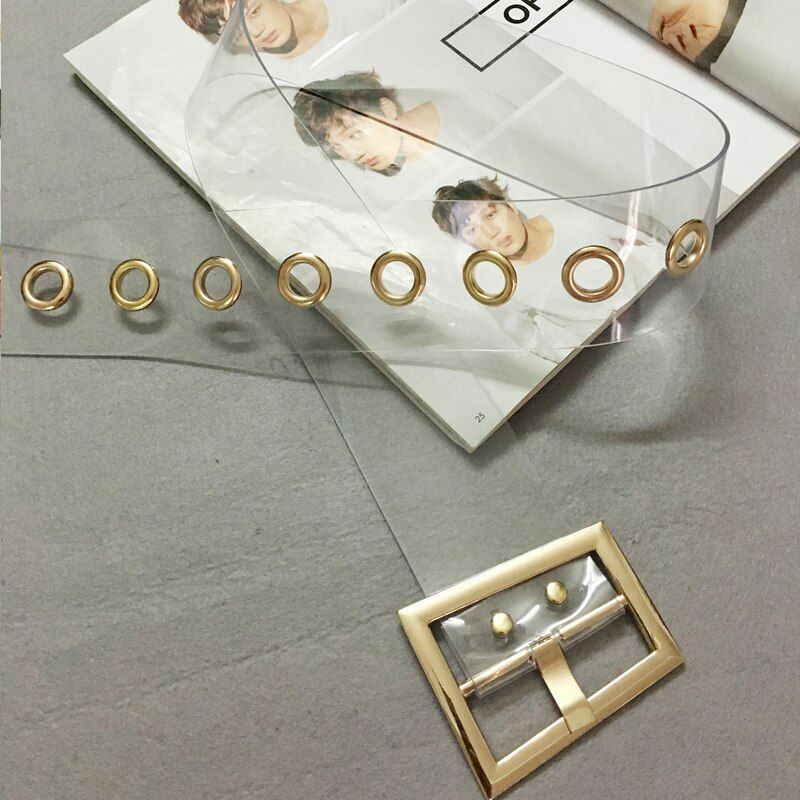 Women Transparent Belts Trapezoid Gold Metal Buckle Wide Dress Jeans Waistbands
