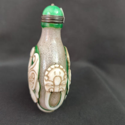 Old Beijing Glass Snuff Bottle box overlay snuffbox mask carved folk art rare