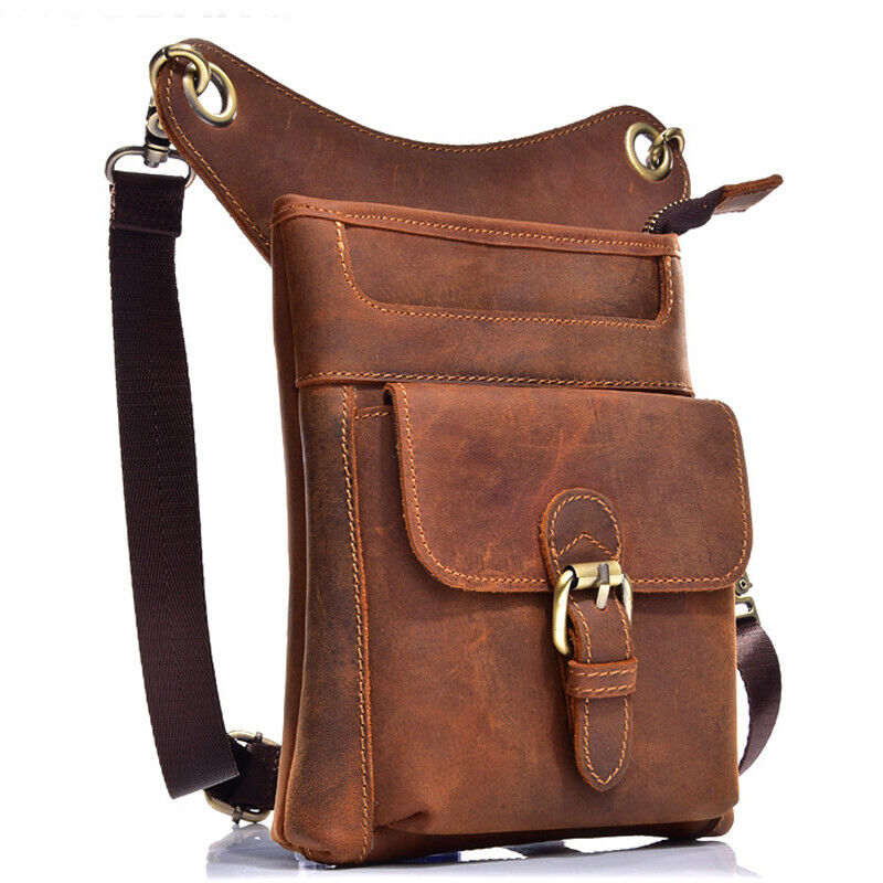 Crazy Horse Leather Mens Motorcycle Drop Leg Bag Tactical Thigh Waist Fanny Pack