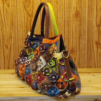 100% Genuine Leather Colorful Floral Patchwork Handbag Women's Tote Shoulder Bag