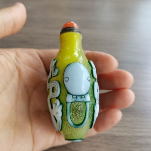 Chinese Colored Glazed Carved Double Sided Dragon Pattern Snuff Bottle Glass art