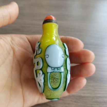 Chinese Colored Glazed Carved Double Sided Dragon Pattern Snuff Bottle Glass art