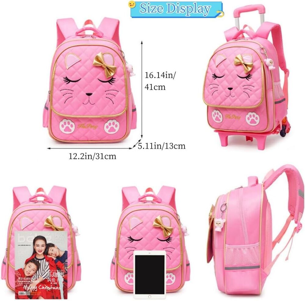 MITOWERMI Cute Rolling Backpack for Girls Trolley School Bags 2 Wheels Pink