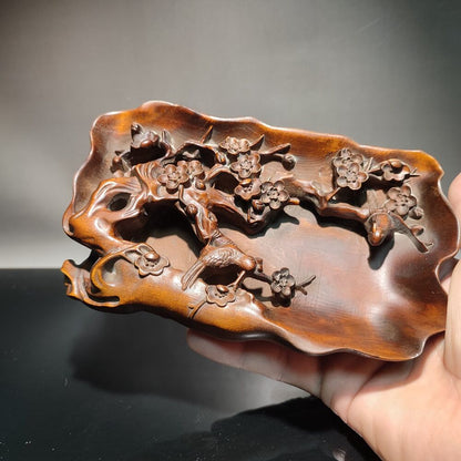 6" Carved Wood Decor Plum Blossom Magpie Statue Writing-Brush Washer Calligraphy