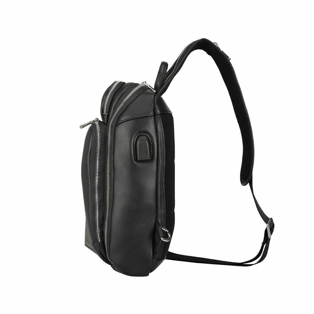 Men Real Leather USB Charging Sling Bag Chest Single Strap Backpack Shoulder Bag