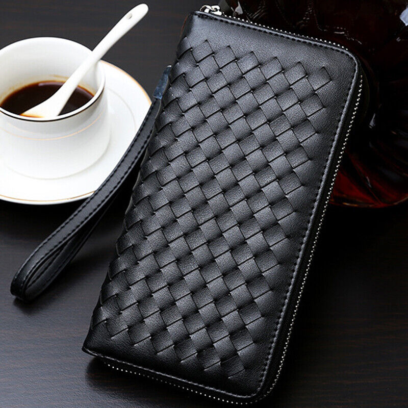 Men's Long Wallet New Designer Weaving Clutch Wallet Microfiber Leather Bag