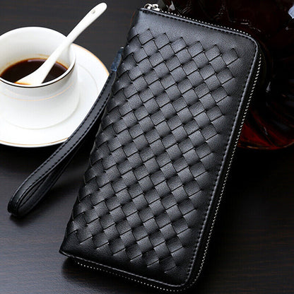 Men's Long Wallet New Designer Weaving Clutch Wallet Microfiber Leather Bag