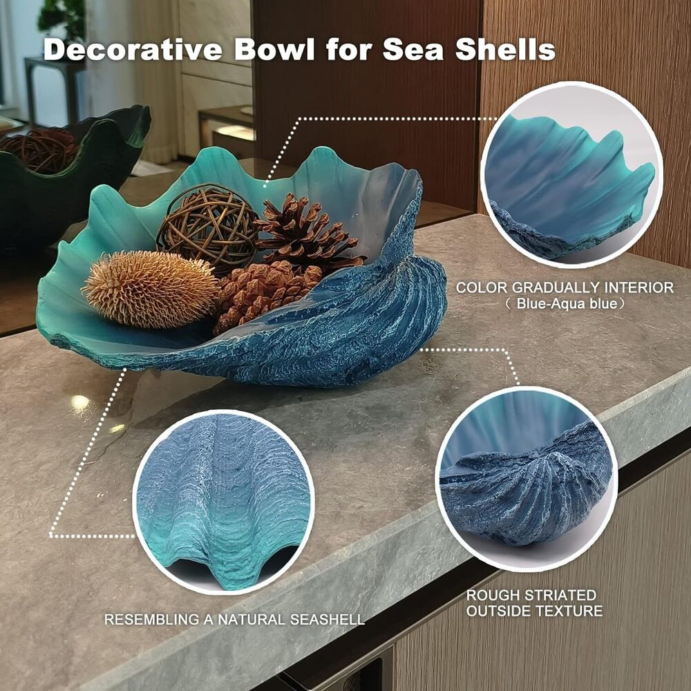 Large Blue-Aqua Sea Shell Bowl Resin Home Decoration Storage Nautical Gift
