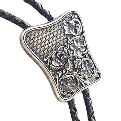 Men Bolo Tie Western Style Leather Chain Carving Pattern Pendant Necktie 4x106cm