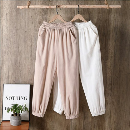 Pants Women Casual Cotton Linen Elastic Waist Solid Basic Retro Loose Trousers