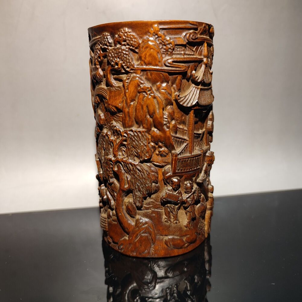 chinese carved brush pot pots pen case statue wood carving Happy child story men