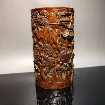 chinese carved brush pot pots pen case statue wood carving Happy child story men