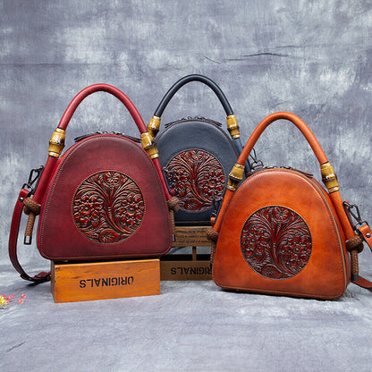 Women's Retro 100% Genuine Leather Handbag Embossed Crossbody Shoulder Shell Bag