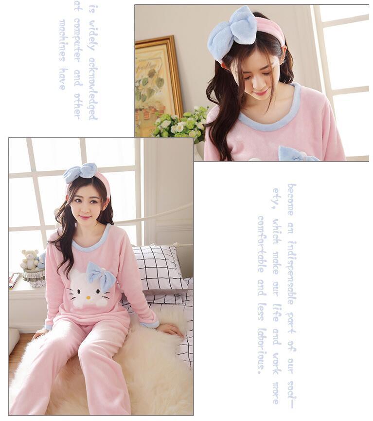Cute For Hello Kitty Soft Winter Warm Womens Sleepwear Pajamas Set c/w Hairband