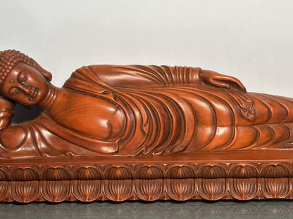Chinese Wooden Carving Boxwood Reclining Buddha Statue Sculpture Home Decor Art
