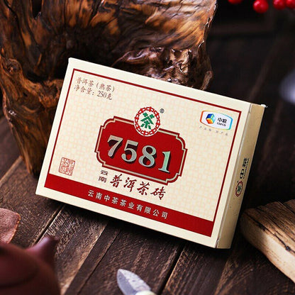 2020 China Tea 7581 Ripe Puer Tea Brick Shu Pu-erh Tea Brick 250g Box Zhong Cha